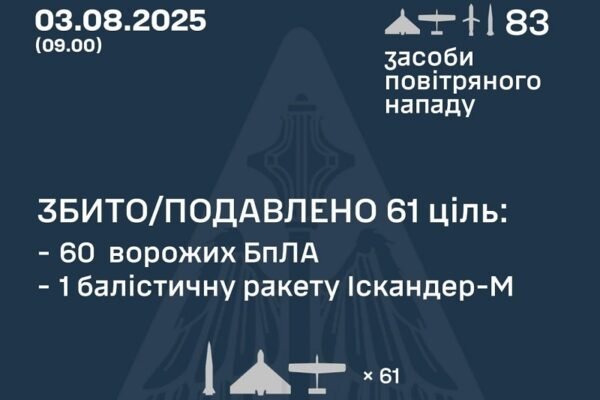 У ніч на 3 серпня над Україною збили 60 ворожих дронів та ракету “Іскандер”